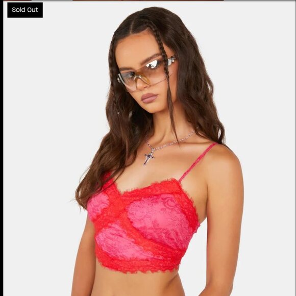 Pretty Garbage from Dolls Kills Pink & Red "Asymmetrical Hem Lace Cami", Size S - Picture 3 of 7